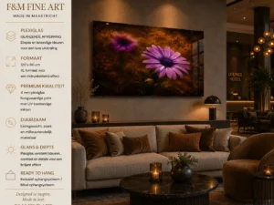 Stille Betovering als XL plexiglas schilderij boven een bank in een luxe hotellounge met warme verlichting en elegante meubels.