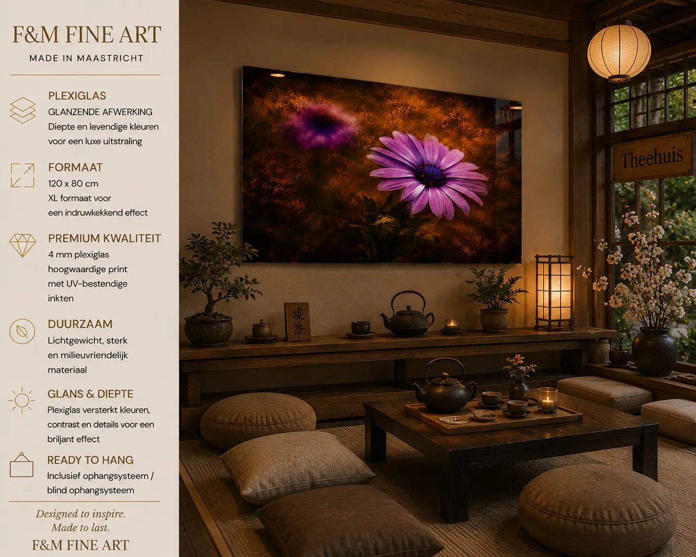 Paarse bloem wanddecoratie plexiglas 120x80 – stille betovering 6 Stille Betovering bloemenkunst op plexiglas 120x80 cm in een sfeervol Japans theehuis met houten meubels en warme verlichting.