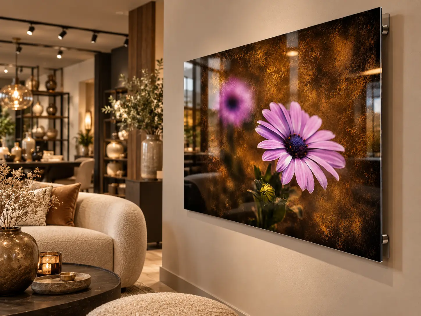 Paarse bloem wanddecoratie plexiglas 120x80 – stille betovering 2 Stille Betovering paarse bloem wanddecoratie op glanzend plexiglas 120x80 cm in een luxe woonwinkel met warme interieurkleuren.