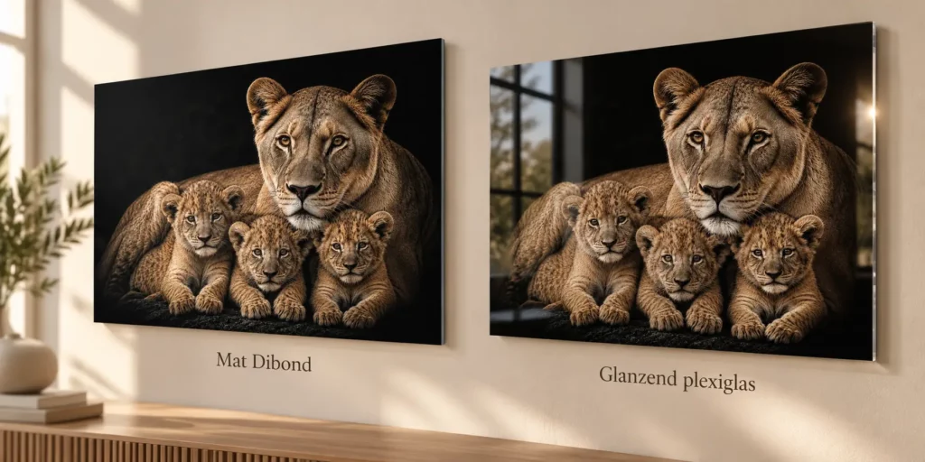 Verschil tussen mat Dibond en glanzende plexiglas wanddecoratie