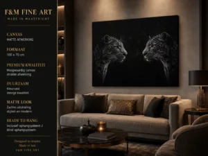 Canvas kunstwerk met twee zwarte panters en goudkleurige ogen in een luxe woonkamer