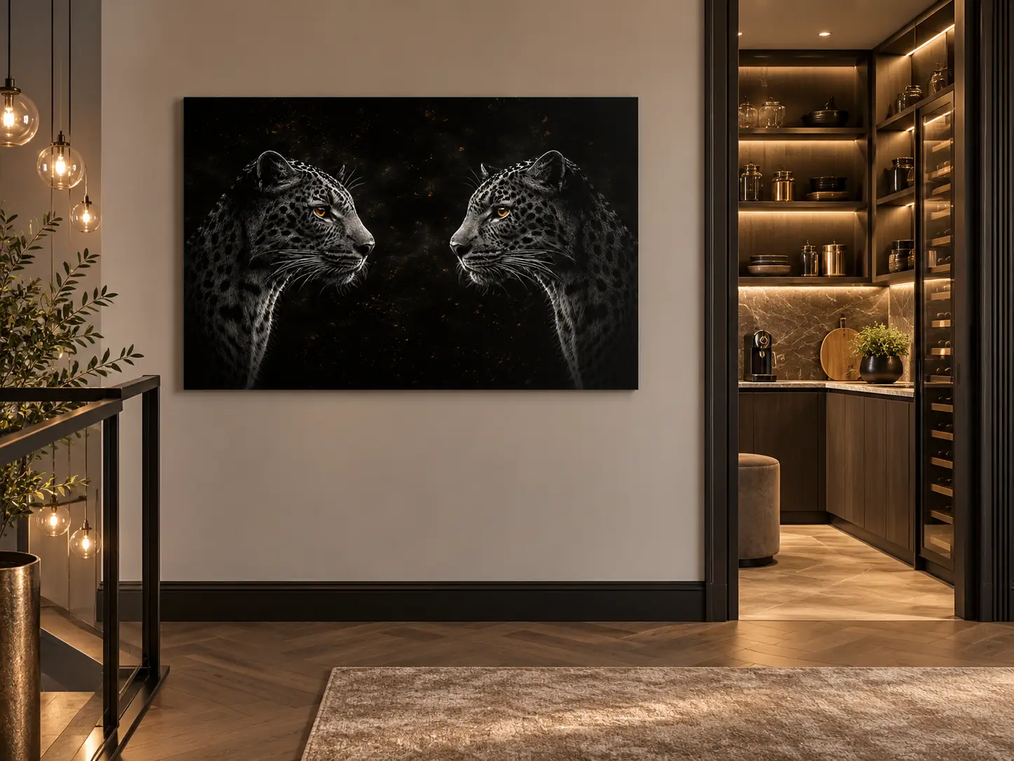 Panters wanddecoratie dibond 90x60 2 Zwarte panters op Dibond 90×60 cm bij een luxe overloop